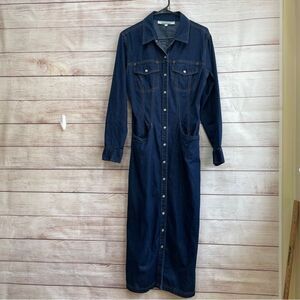VINTAGE KAREN ALEXANDER BOSTON PROPER DENIM MAXI DRESS WITH PEARL SNAPS